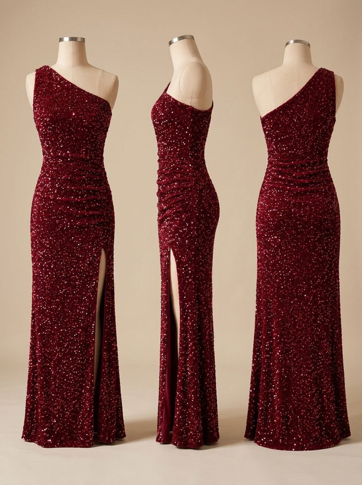 Dames Glitter Feestjurk One Shoulder Maxi Jurk met Hoge Split