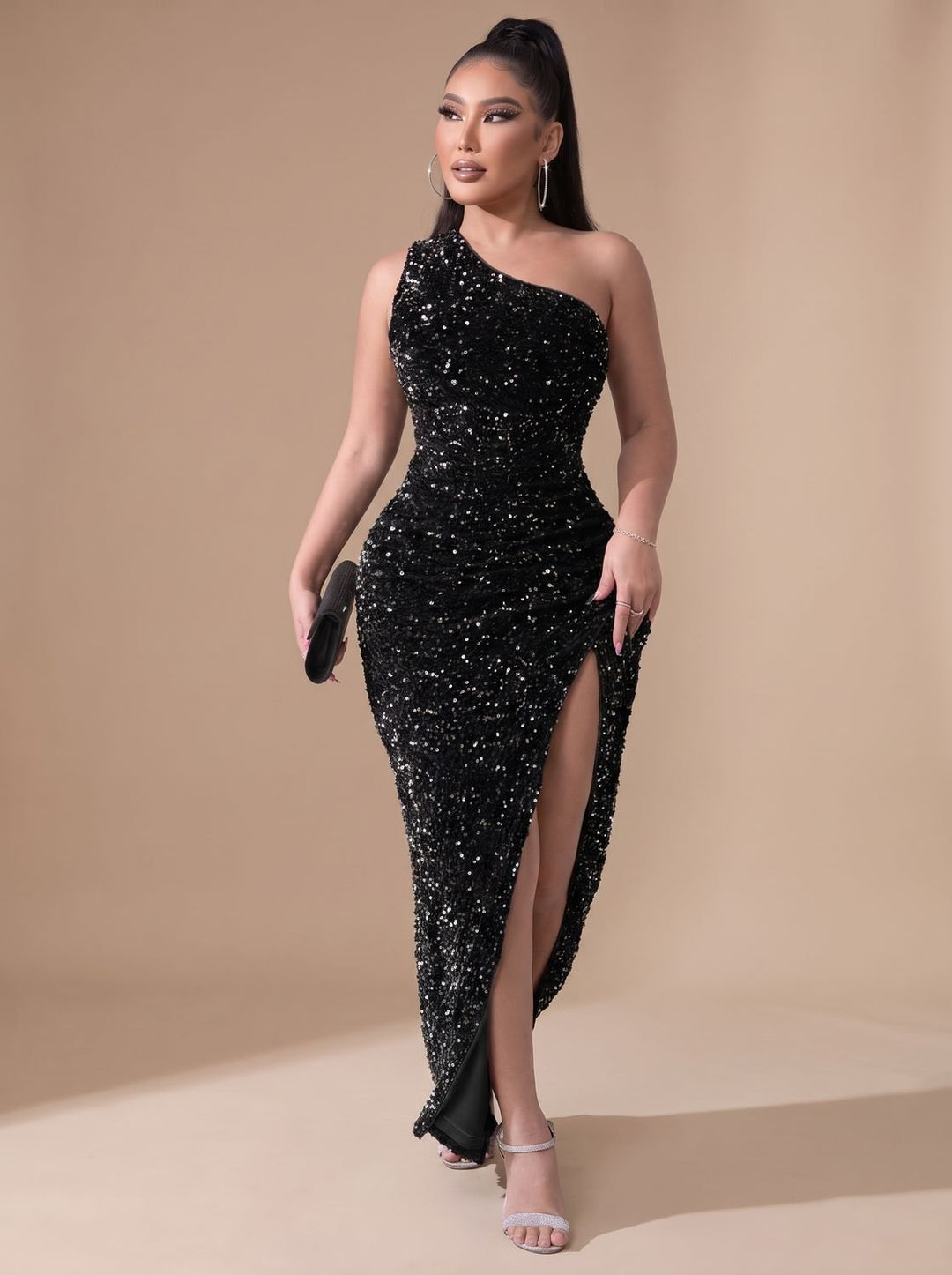 Dames Glitter Feestjurk One Shoulder Maxi Jurk met Hoge Split - Zwart