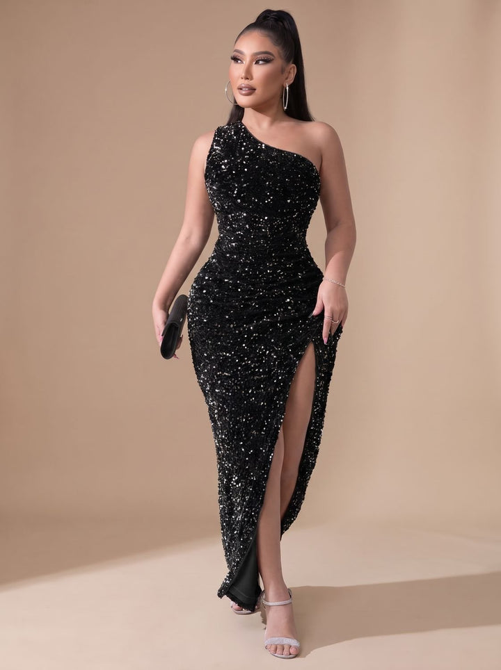 Dames Glitter Feestjurk One Shoulder Maxi Jurk met Hoge Split - Zwart