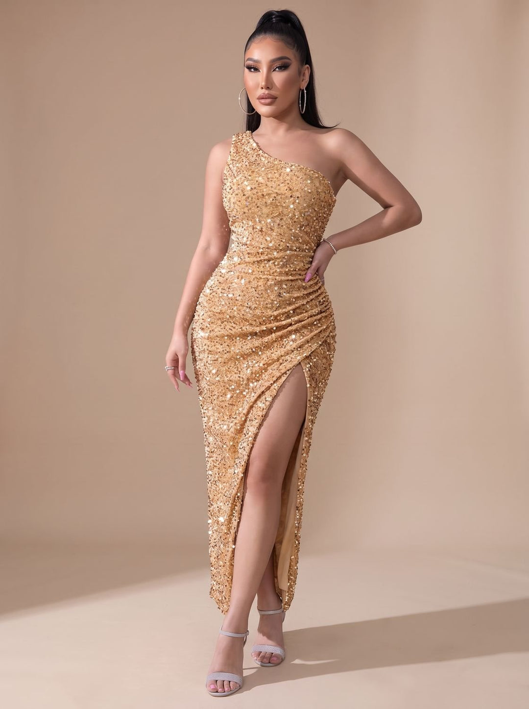 Dames Glitter Feestjurk One Shoulder Maxi Jurk met Hoge Split - Goud