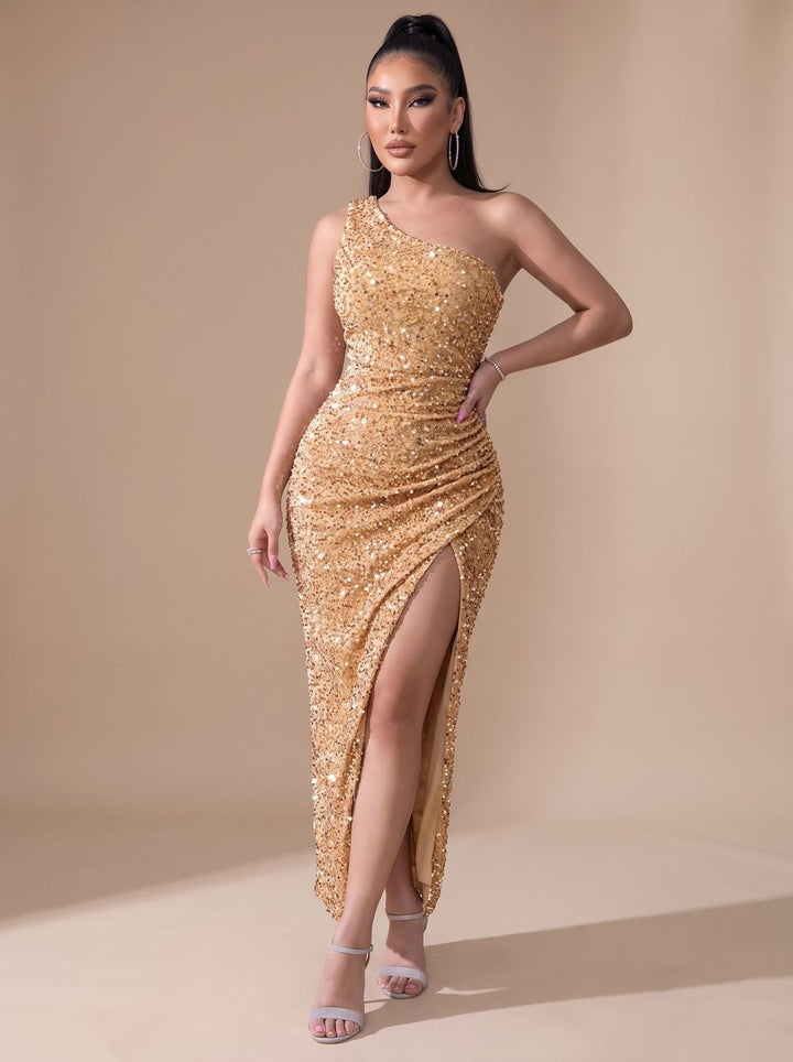Dames Glitter Feestjurk One Shoulder Maxi Jurk met Hoge Split - Goud