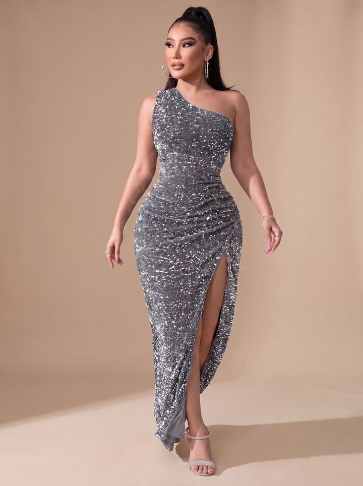 Dames Glitter Feestjurk One Shoulder Maxi Jurk met Hoge Split - Grijs
