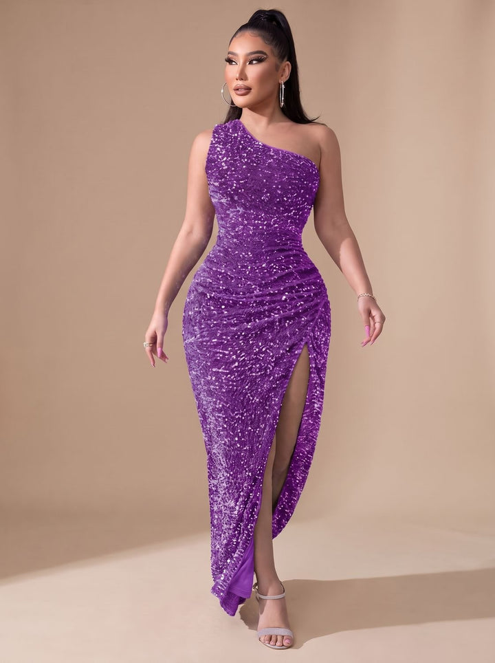 Dames Glitter Feestjurk One Shoulder Maxi Jurk met Hoge Split - Paars