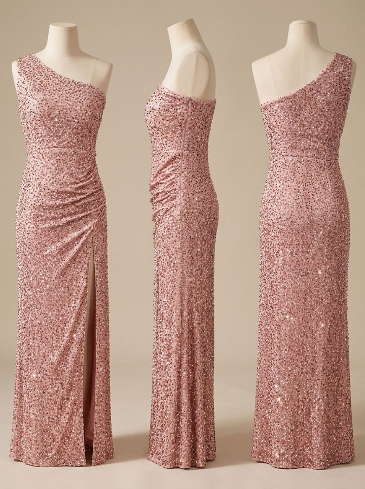 Dames Glitter Feestjurk One Shoulder Maxi Jurk met Hoge Split
