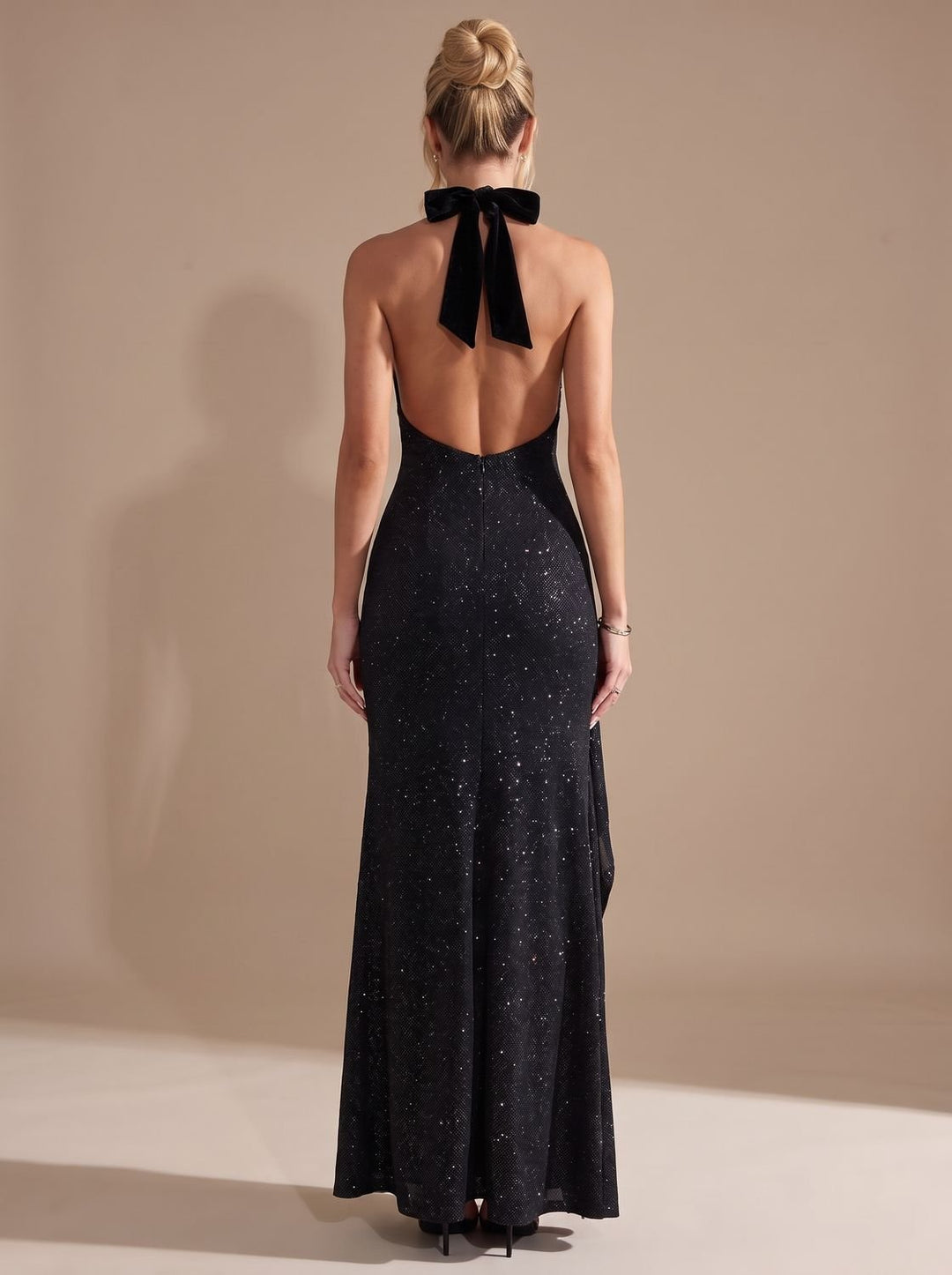 Dames Glitter Halter Maxi Feestjurk Open Rug Hoge Hals
