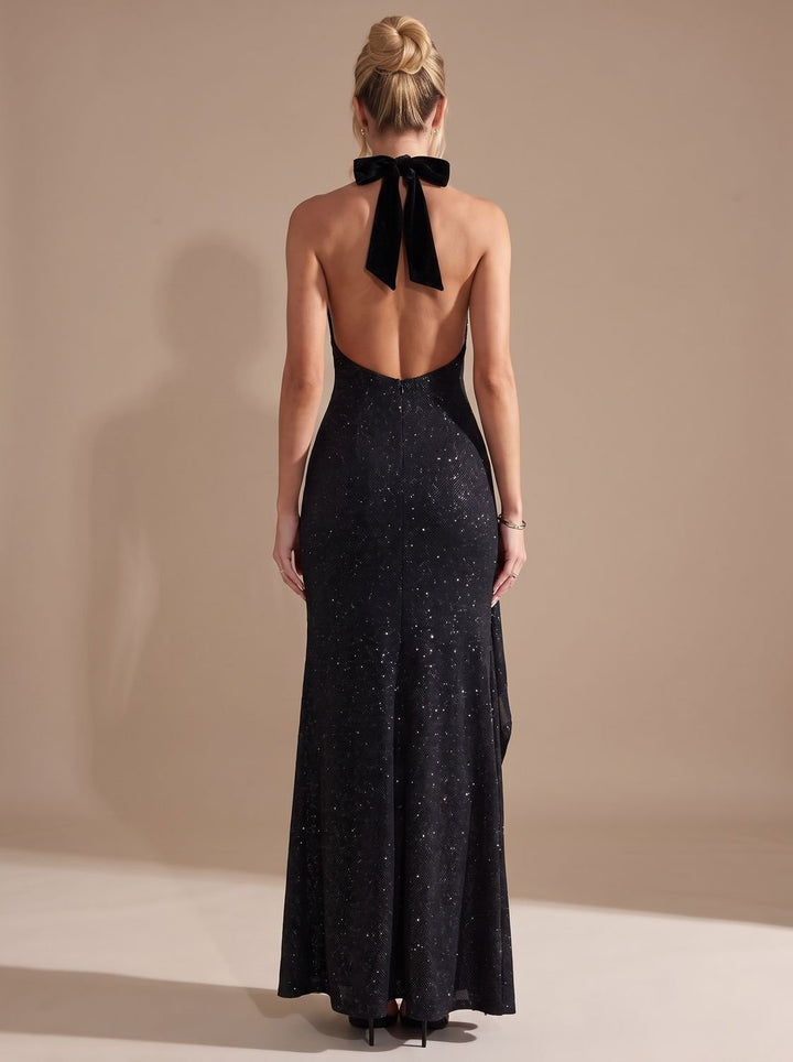 Dames Glitter Halter Maxi Feestjurk Open Rug Hoge Hals