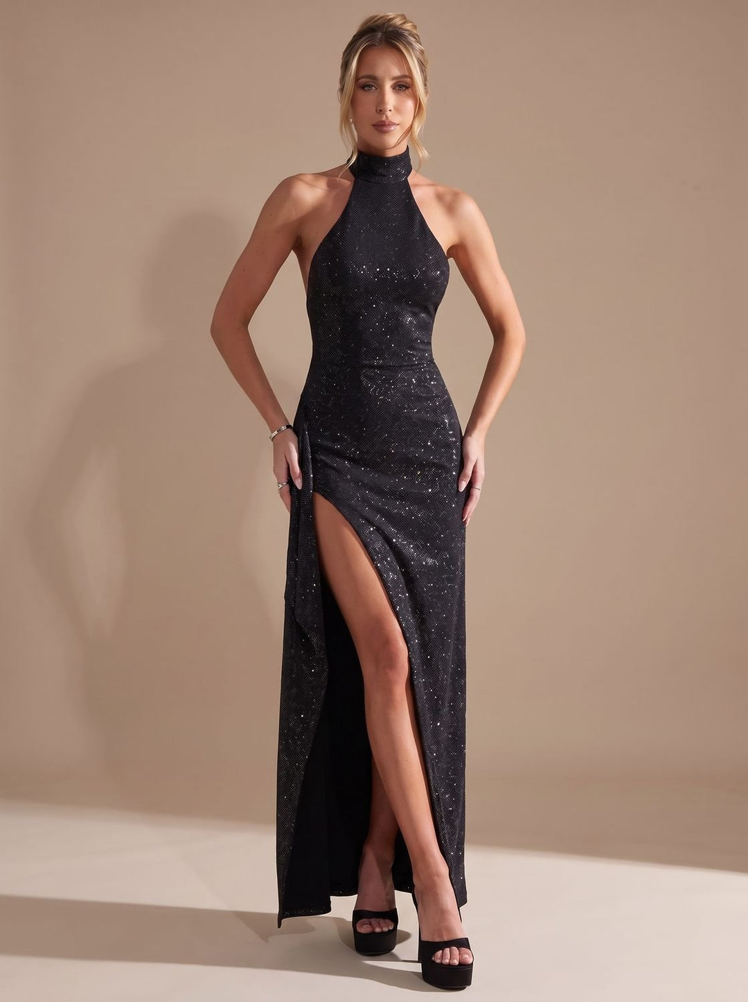 Dames Glitter Halter Maxi Feestjurk Open Rug Hoge Hals