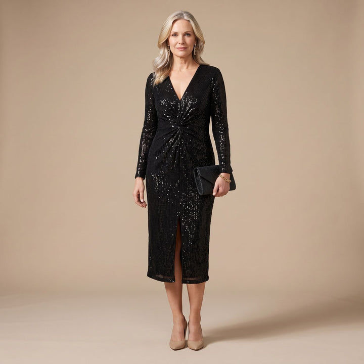 Dames Glitter Jurk met Diepe V-hals Tailleplooien en Voorste Split - Zwart