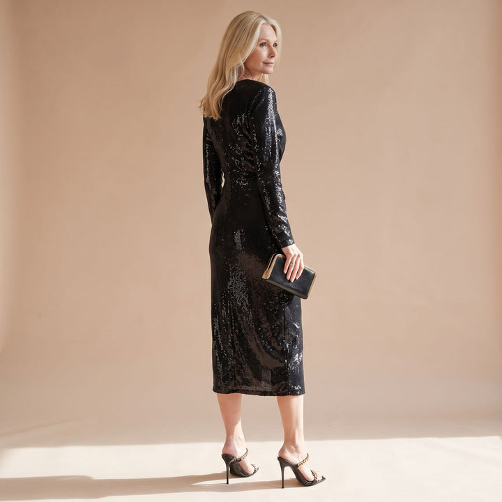 Dames Glitter Jurk met Diepe V-hals Tailleplooien en Voorste Split
