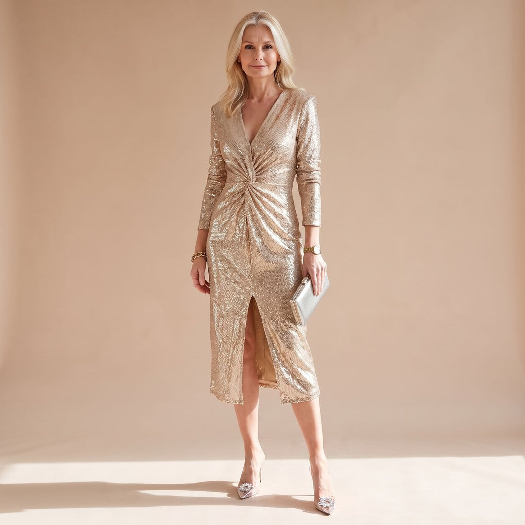 Dames Glitter Jurk met Diepe V-hals Tailleplooien en Voorste Split - Goud