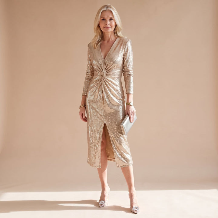 Dames Glitter Jurk met Diepe V-hals Tailleplooien en Voorste Split - Goud