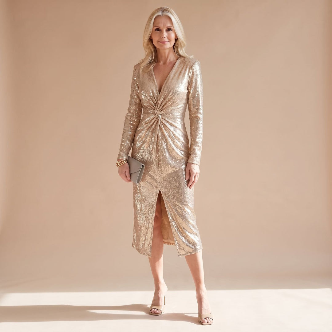 Dames Glitter Jurk met Diepe V-hals Tailleplooien en Voorste Split