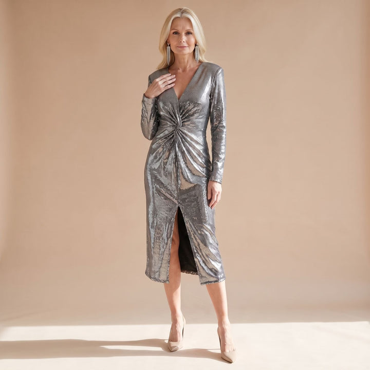 Dames Glitter Jurk met Diepe V-hals Tailleplooien en Voorste Split - Zilver