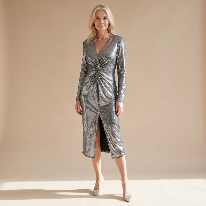 Dames Glitter Jurk met Diepe V-hals Tailleplooien en Voorste Split