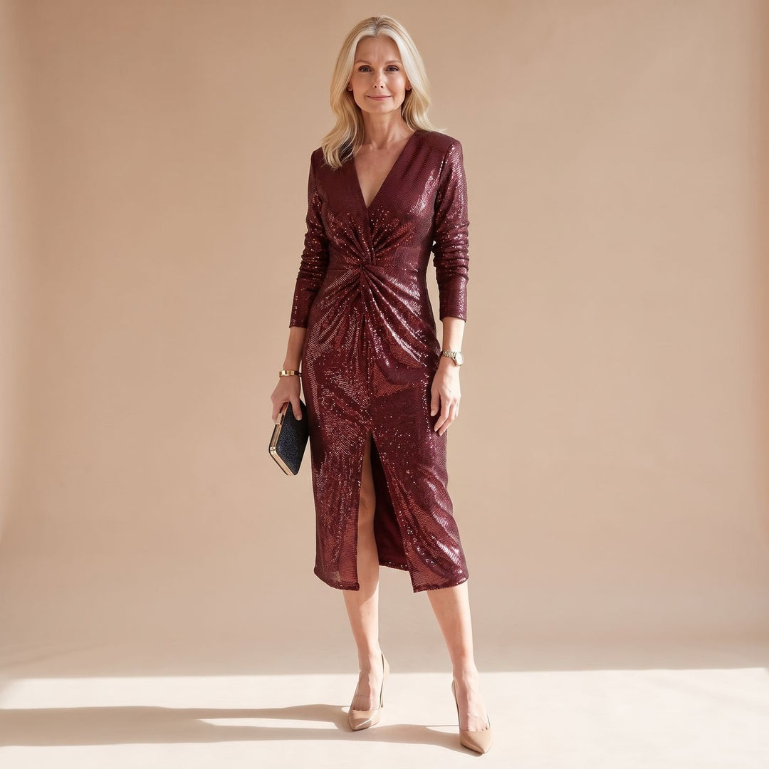 Dames Glitter Jurk met Diepe V-hals Tailleplooien en Voorste Split - Rood