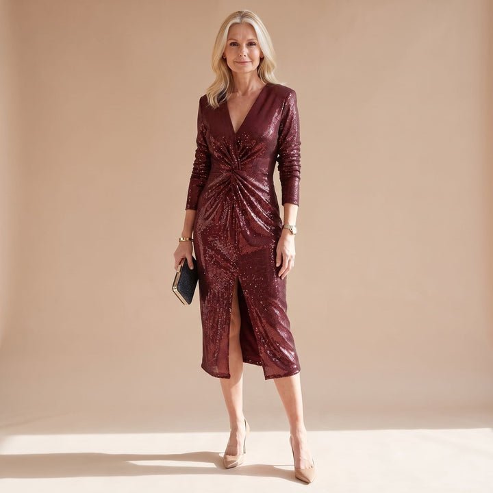 Dames Glitter Jurk met Diepe V-hals Tailleplooien en Voorste Split - Rood