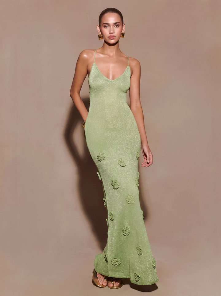 Dames Glitter Maxi Feestjurk met 3D Roosapplicaties Spaghettibandjes - Groen
