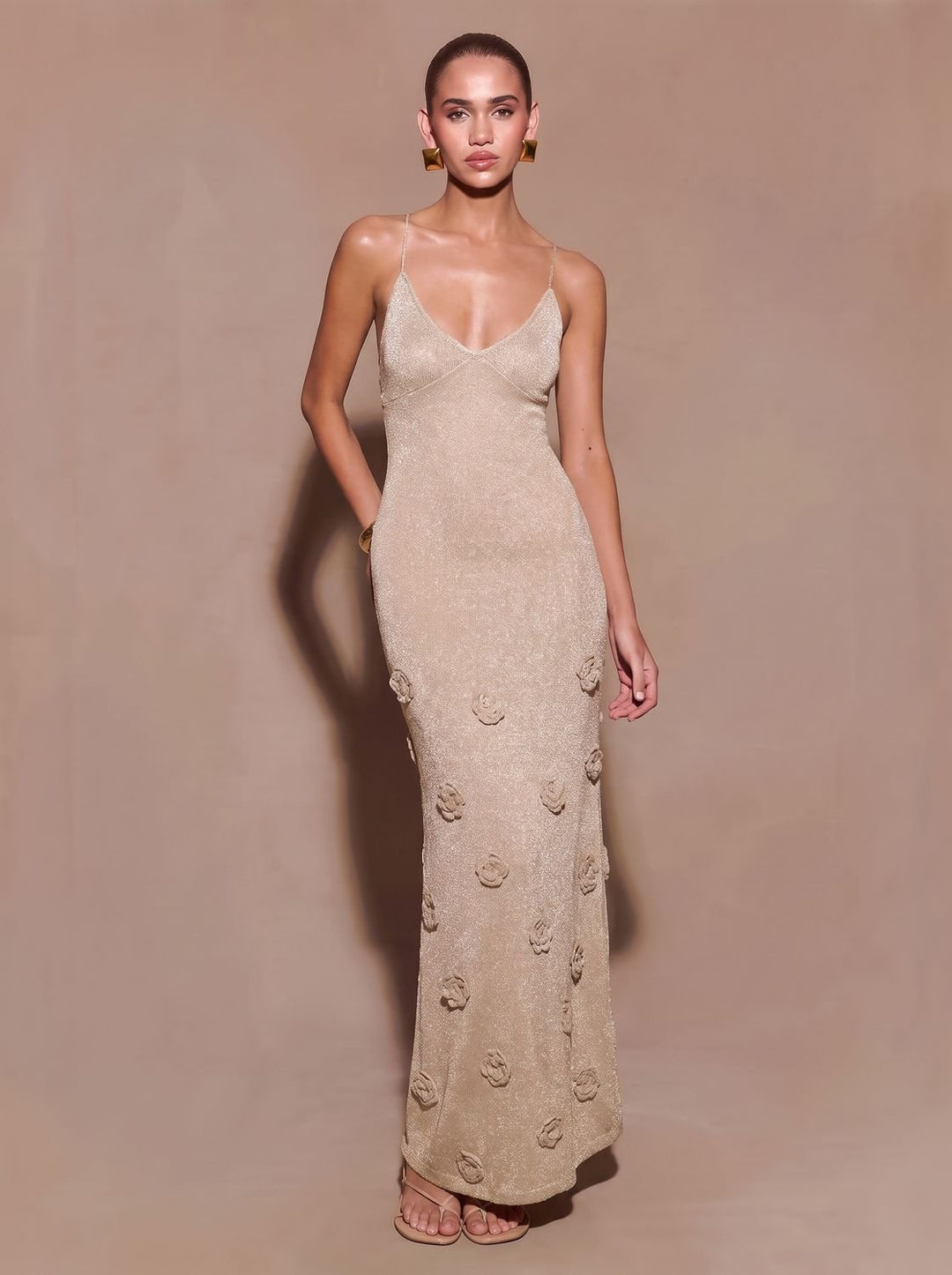 Dames Glitter Maxi Feestjurk met 3D Roosapplicaties Spaghettibandjes - Beige