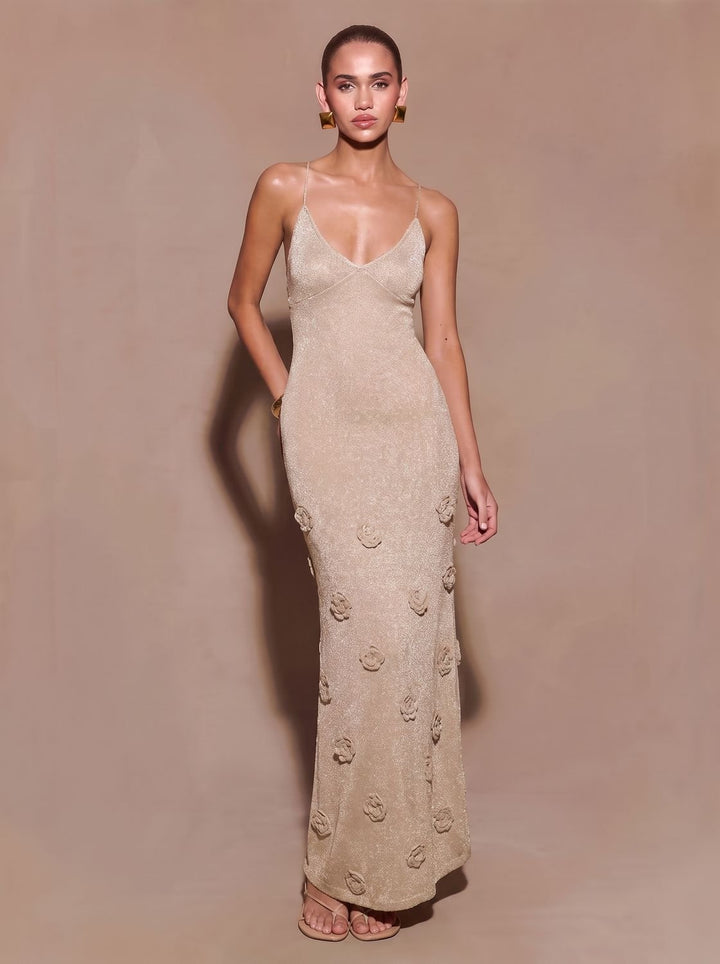 Dames Glitter Maxi Feestjurk met 3D Roosapplicaties Spaghettibandjes - Beige