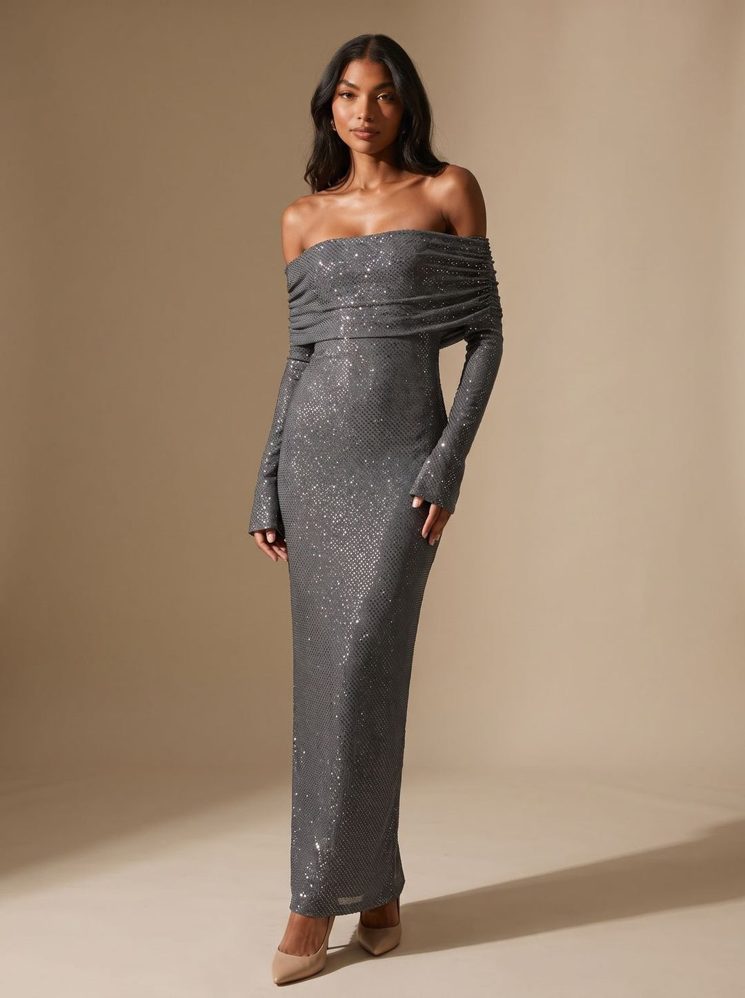 Dames Glitter Maxi Feestjurk Off-Shoulder Langmouw - Grijs