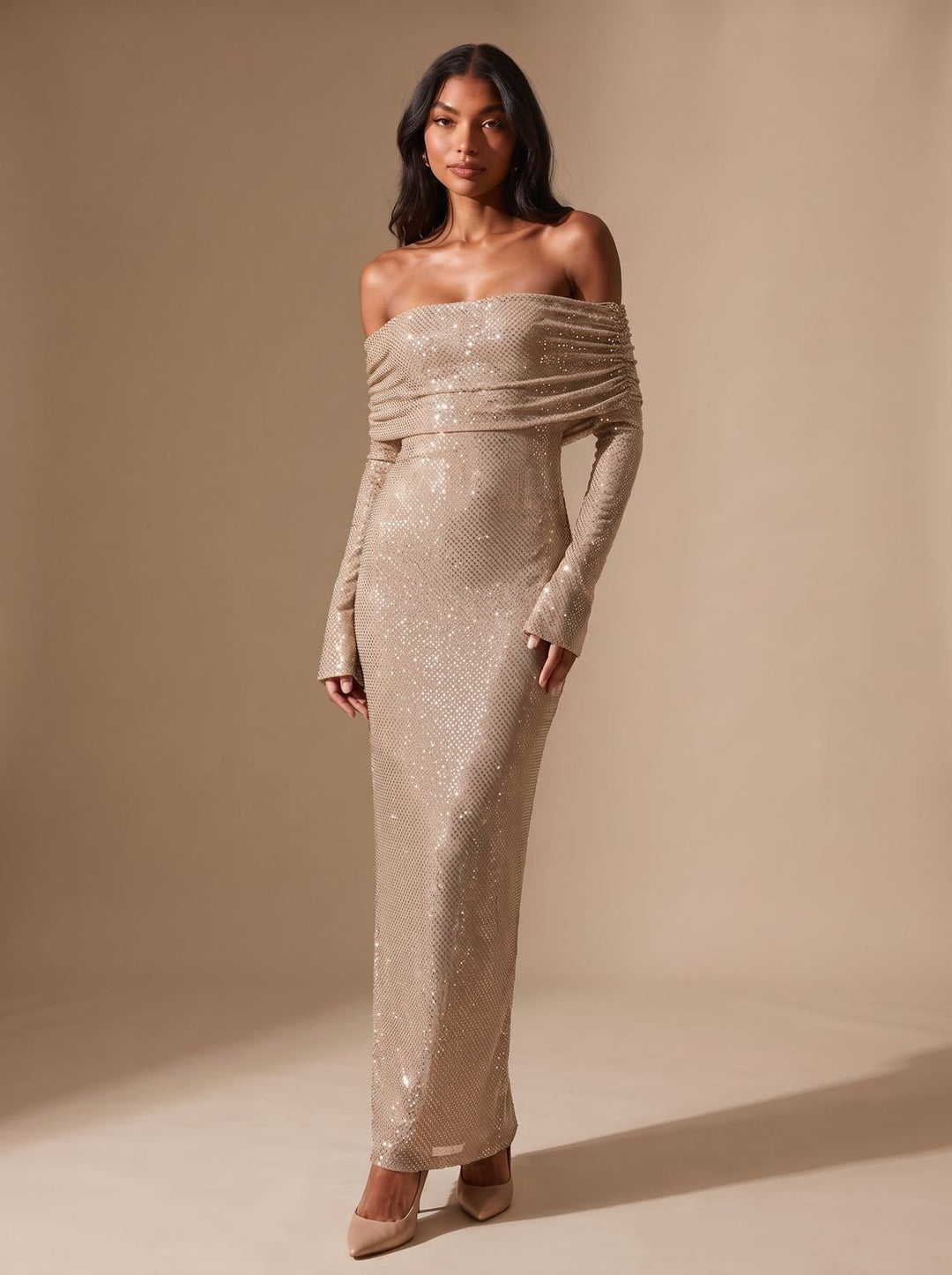 Dames Glitter Maxi Feestjurk Off-Shoulder Langmouw