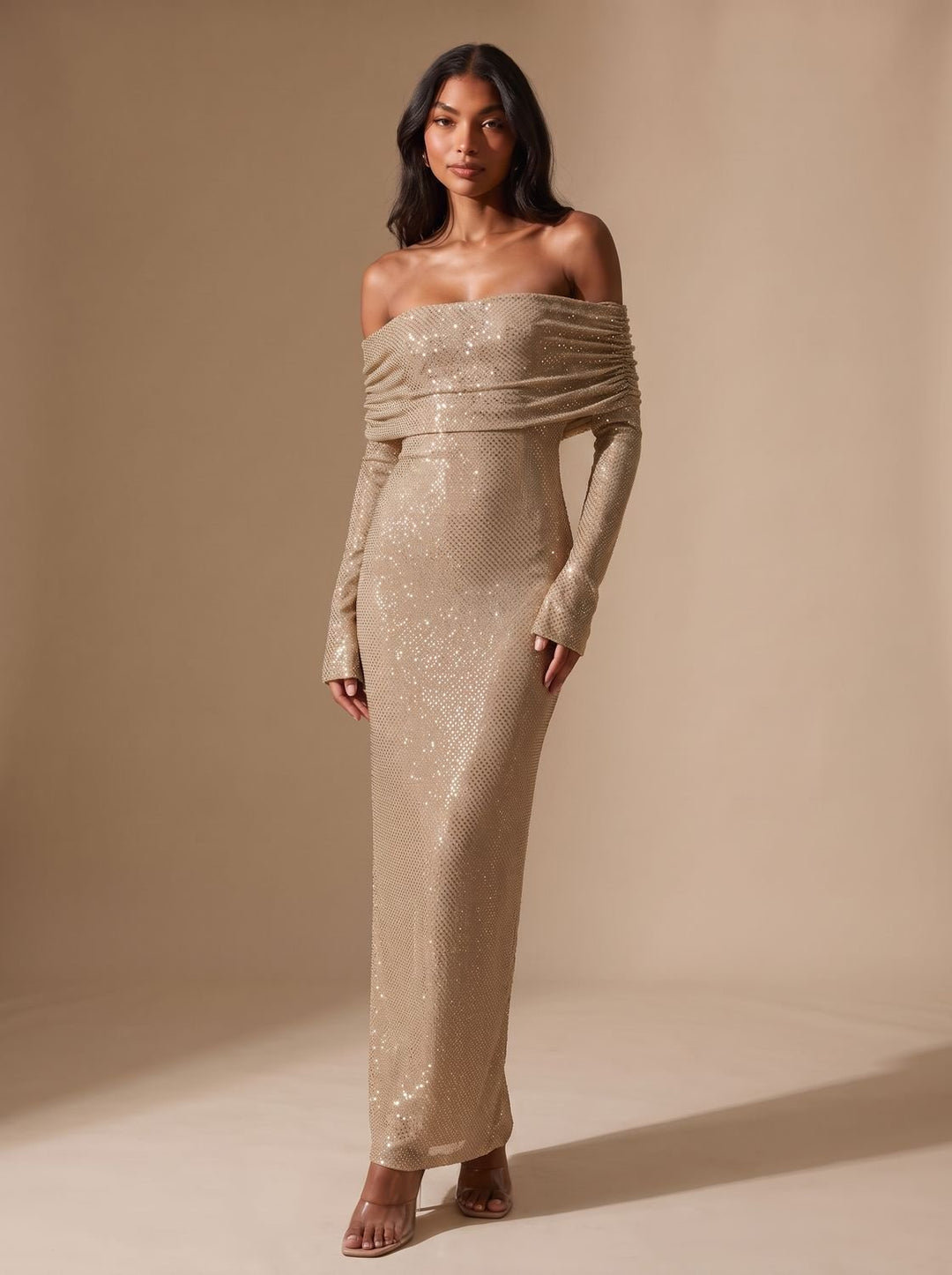 Dames Glitter Maxi Feestjurk Off-Shoulder Langmouw
