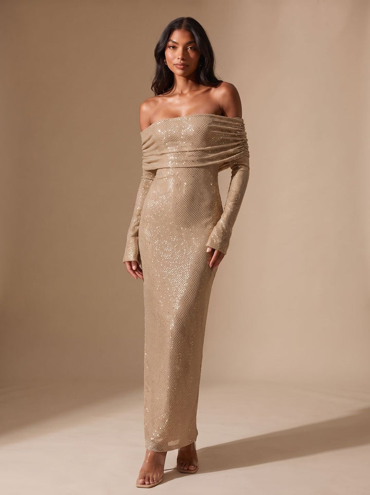 Dames Glitter Maxi Feestjurk Off-Shoulder Langmouw - Kaki