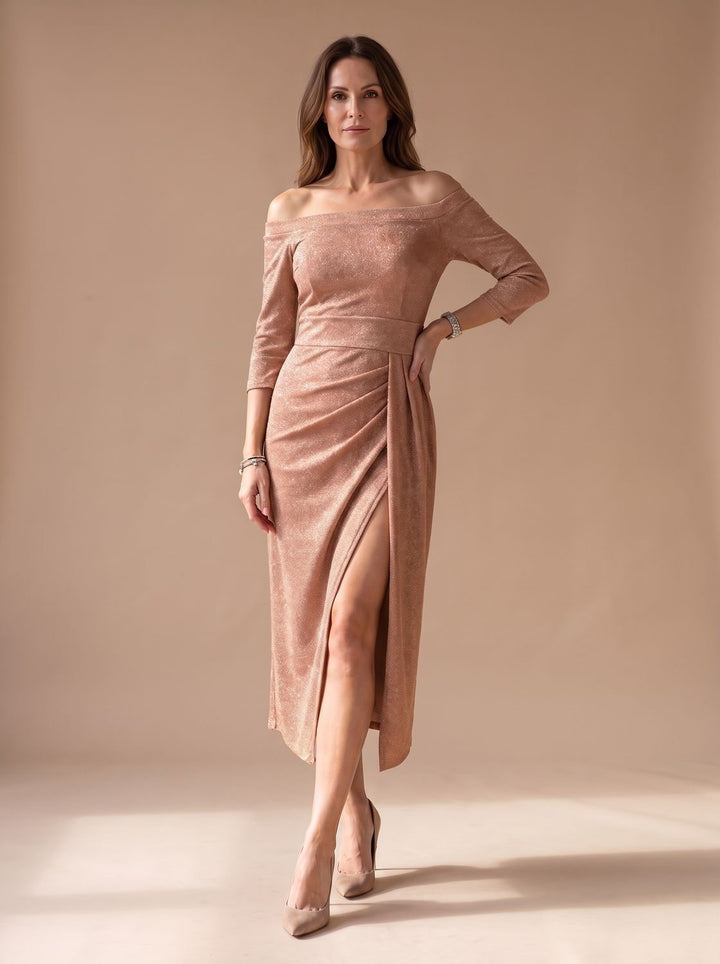 Dames Glitter Off-Shoulder Feestjurk met Hoge Split - Champagne