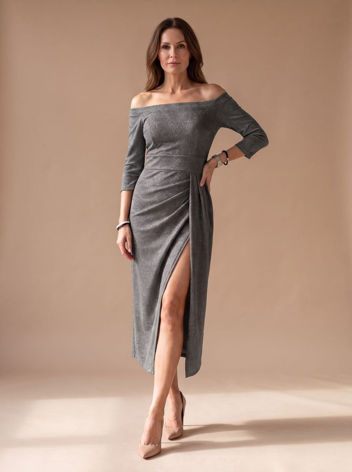 Dames Glitter Off-Shoulder Feestjurk met Hoge Split - Grijs