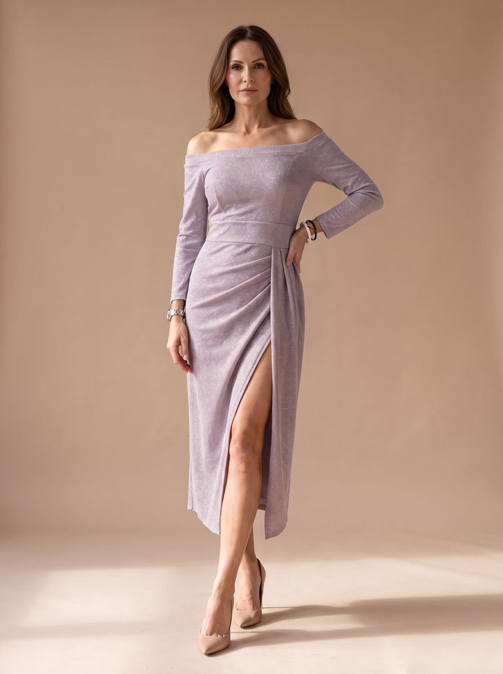 Dames Glitter Off-Shoulder Feestjurk met Hoge Split - Roze