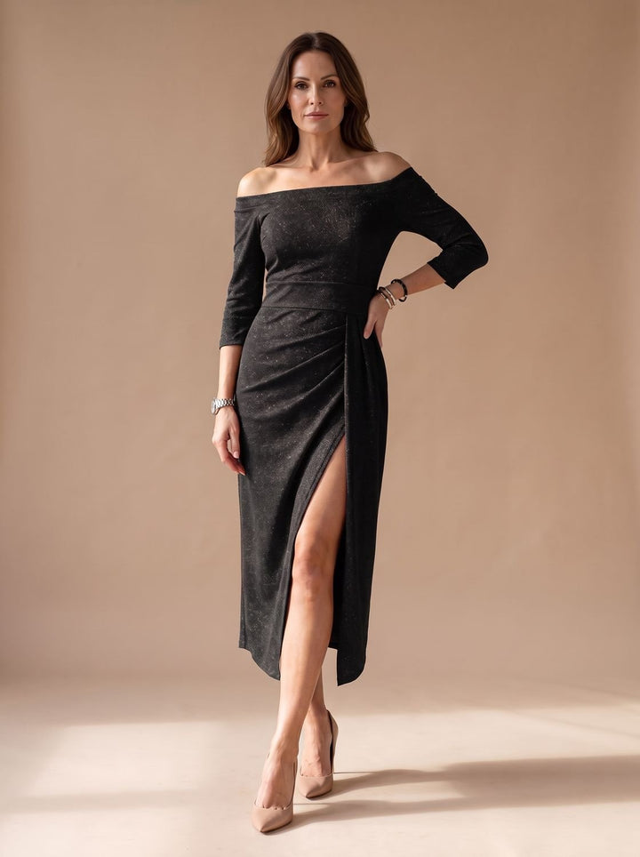 Dames Glitter Off-Shoulder Feestjurk met Hoge Split - Zwart