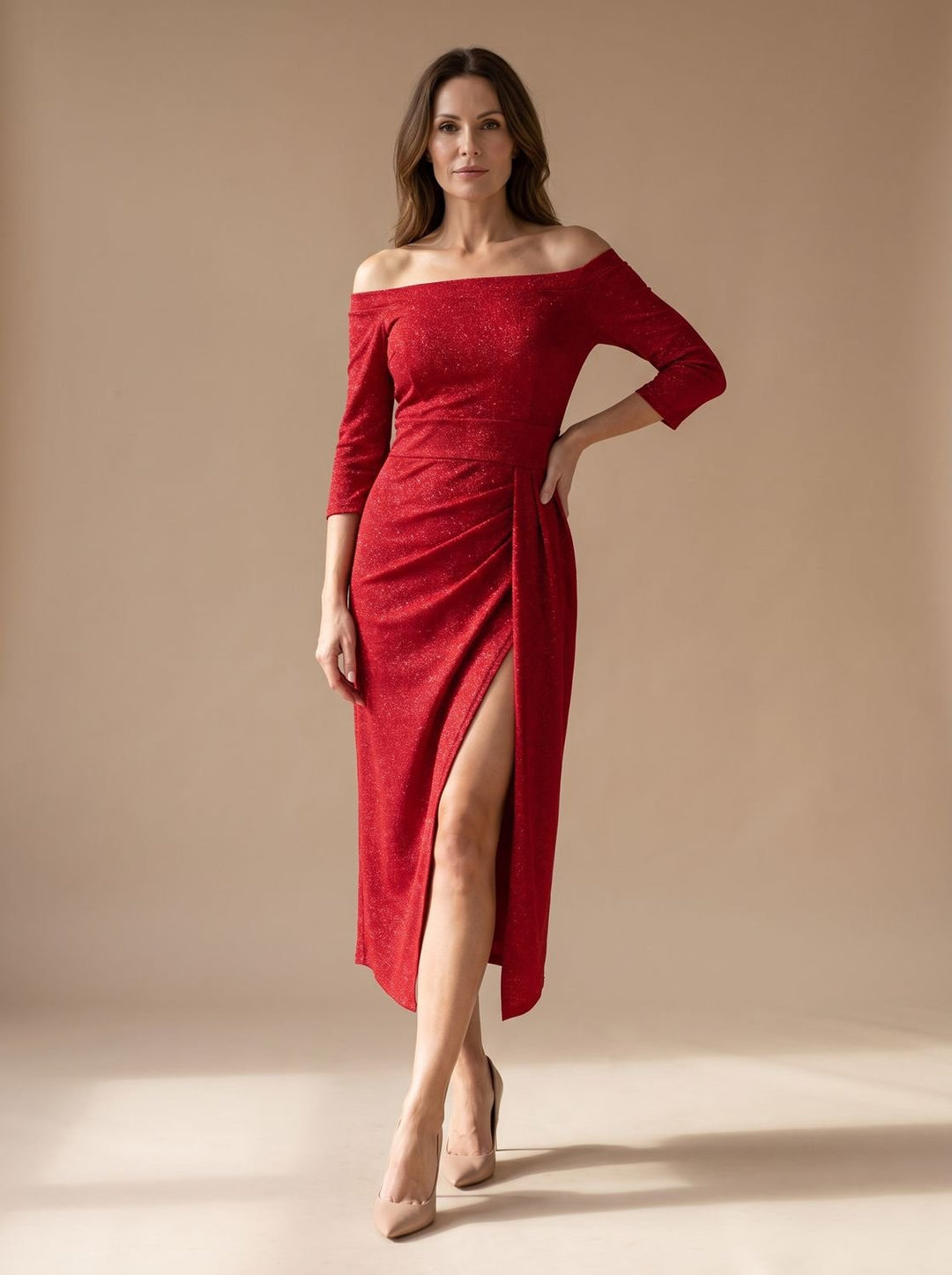 Dames Glitter Off-Shoulder Feestjurk met Hoge Split - Rood