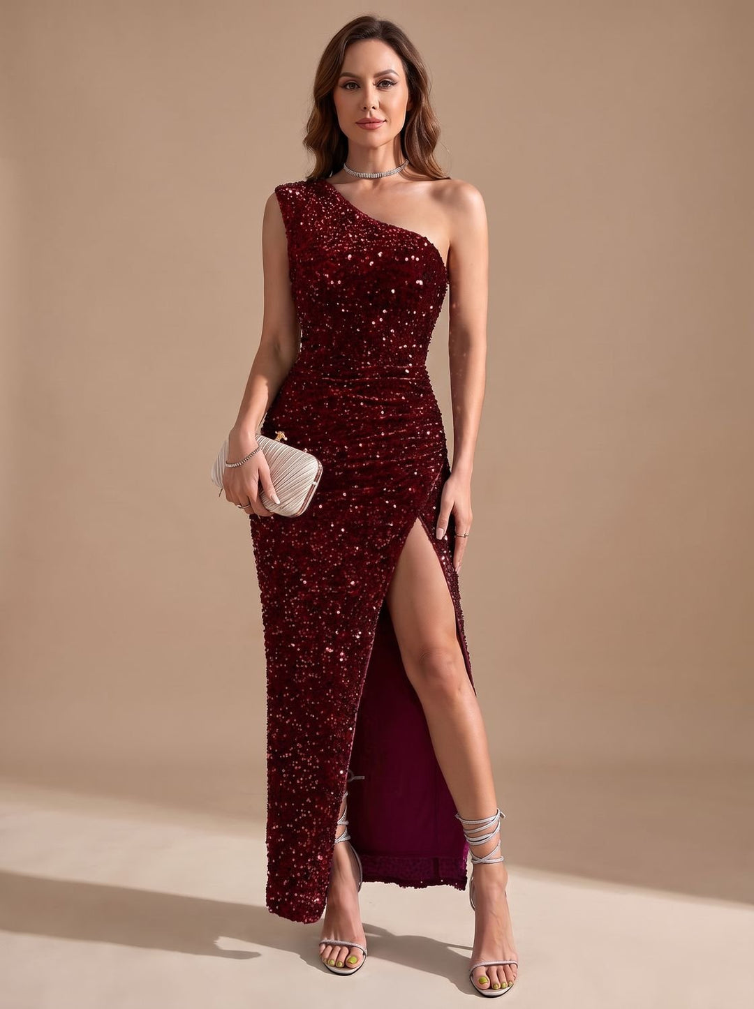 Dames Glitter One-Shoulder Maxi Feestjurk met Split - Rood