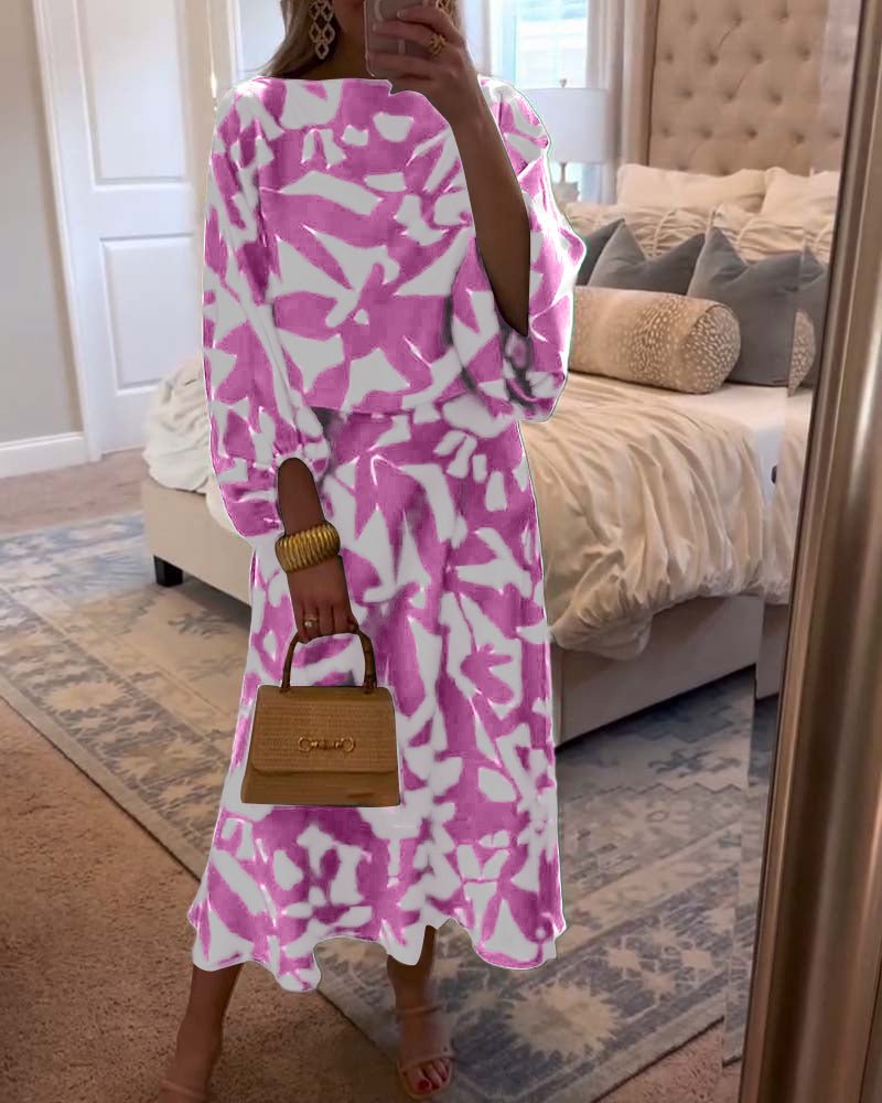 Dames Groene Geprinte Tweedelige Set met Lantaarnmouwen - Pink