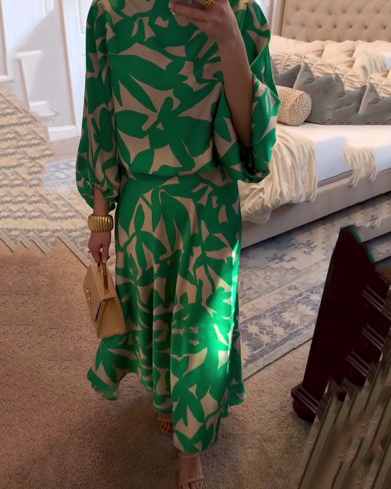 Dames Groene Geprinte Tweedelige Set met Lantaarnmouwen