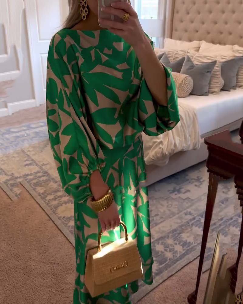 Dames Groene Geprinte Tweedelige Set met Lantaarnmouwen