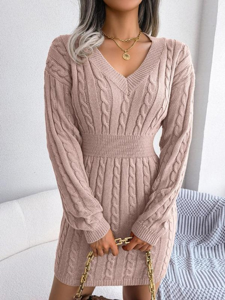 Dames Grofgebreide V-Hals Longsleeved Formele Jurk - Roze