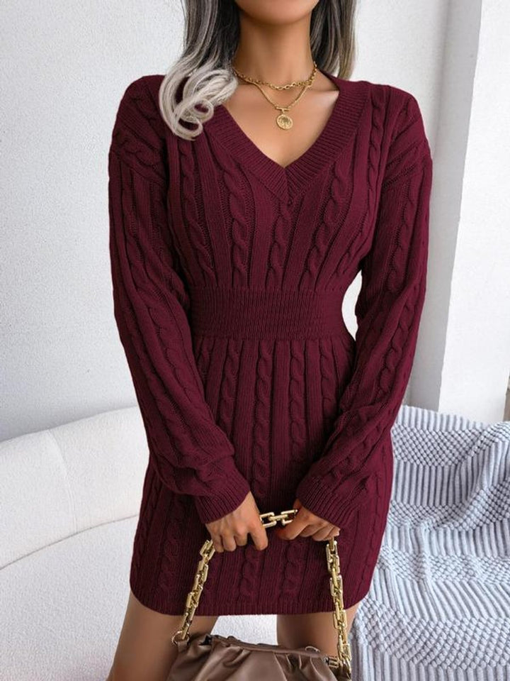 Dames Grofgebreide V-Hals Longsleeved Formele Jurk - Bordeaux