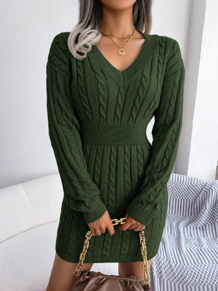 Dames Grofgebreide V-Hals Longsleeved Formele Jurk - Legergroen