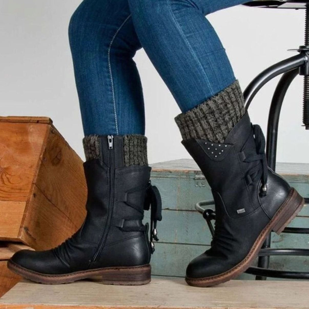Dames Halfhoge Winter Laarzen Kabelbreisel Vetersluiting - Zwart