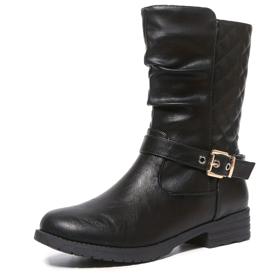 Dames Halflange Laarzen Faux Leer Gerafeld Shaft Gouden Gesp