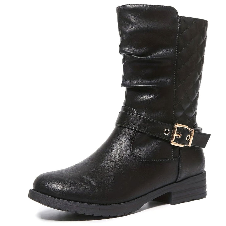 Dames Halflange Laarzen Faux Leer Gerafeld Shaft Gouden Gesp