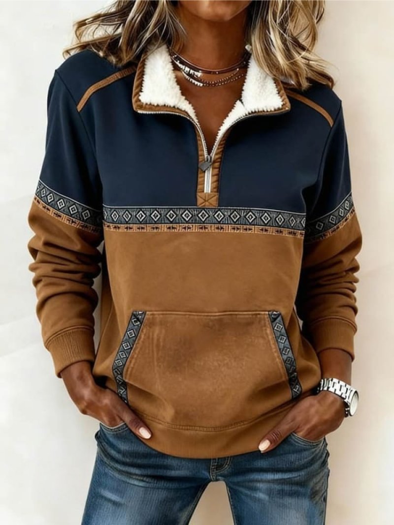 Dames Halfzip Fleecekraag Colorblock Casual Sweater - Multi-colored