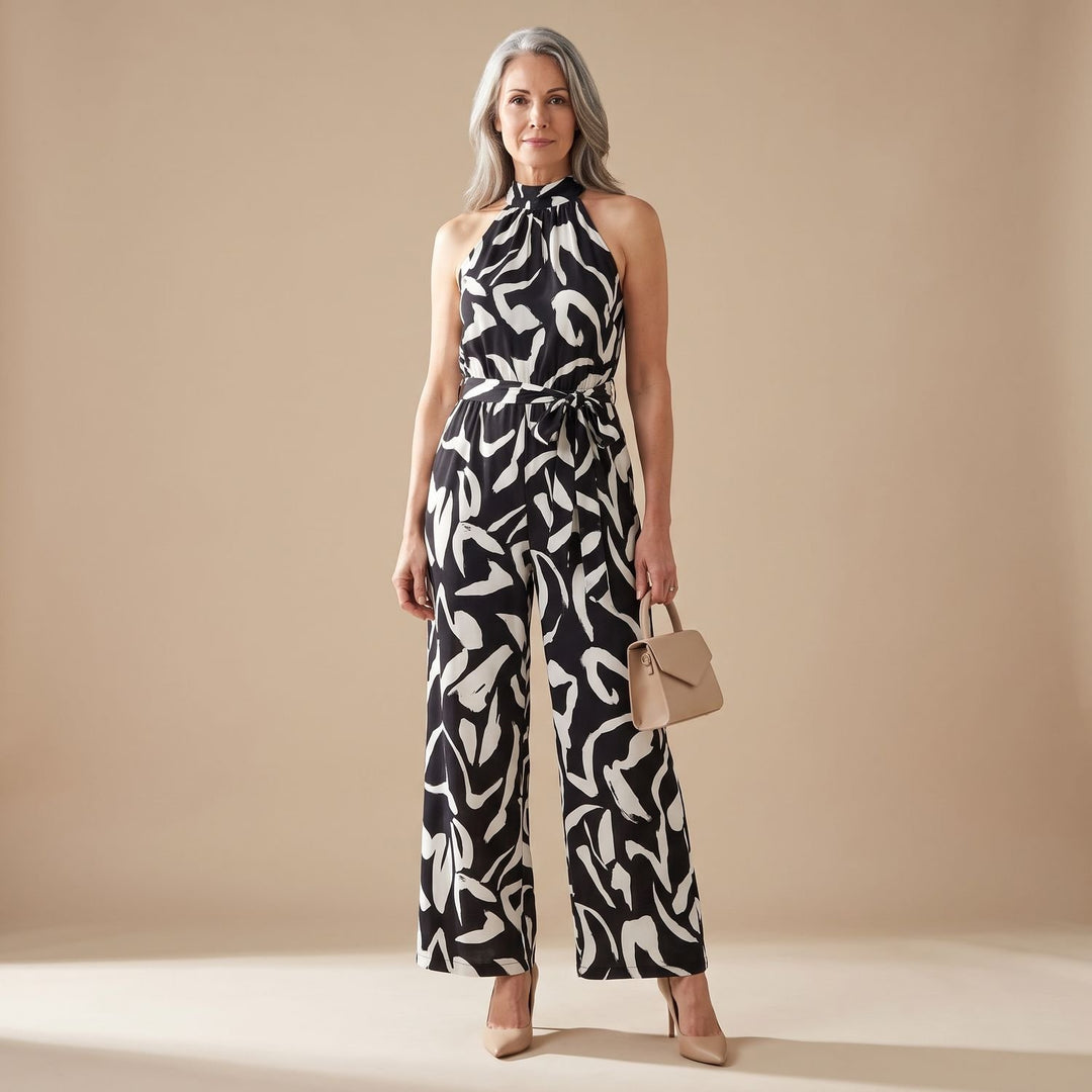 Dames Halter Jumpsuit met Open Rug en Wijde Pijpen - Zwart