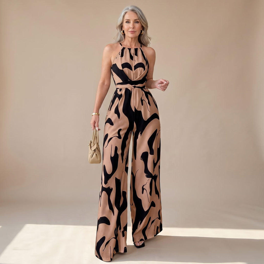Dames Halter Jumpsuit met Open Rug en Wijde Pijpen - Bruin