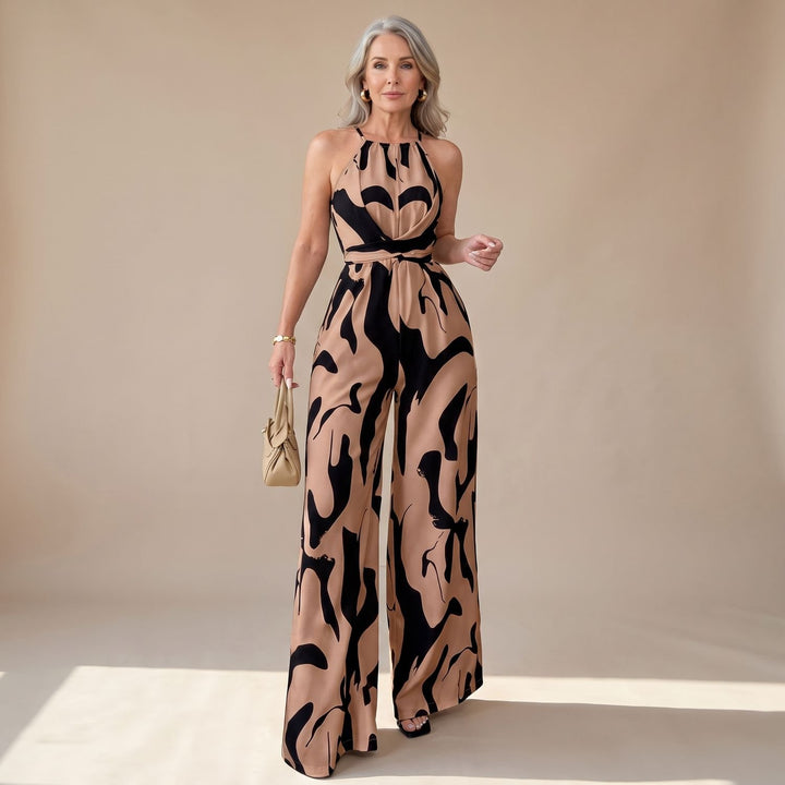 Dames Halter Jumpsuit met Open Rug en Wijde Pijpen - Bruin