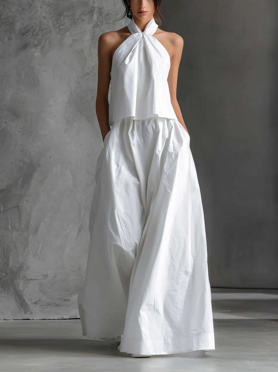 Dames Halter Linen Maxi Rok Set Mouwloos - White