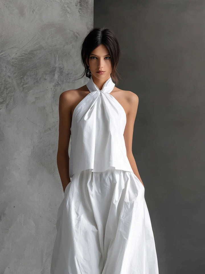 Dames Halter Linen Maxi Rok Set Mouwloos