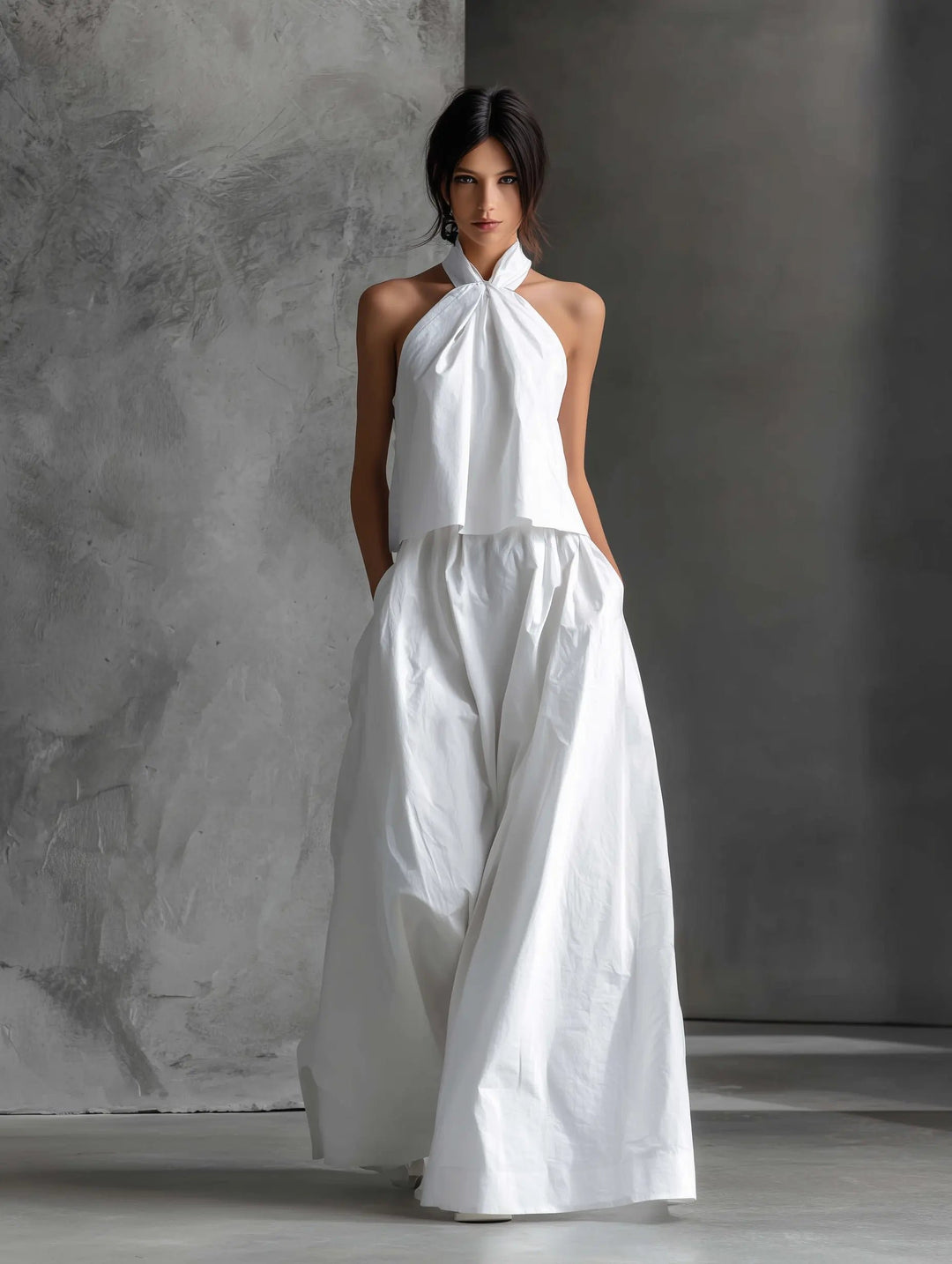 Dames Halter Linen Maxi Rok Set Mouwloos