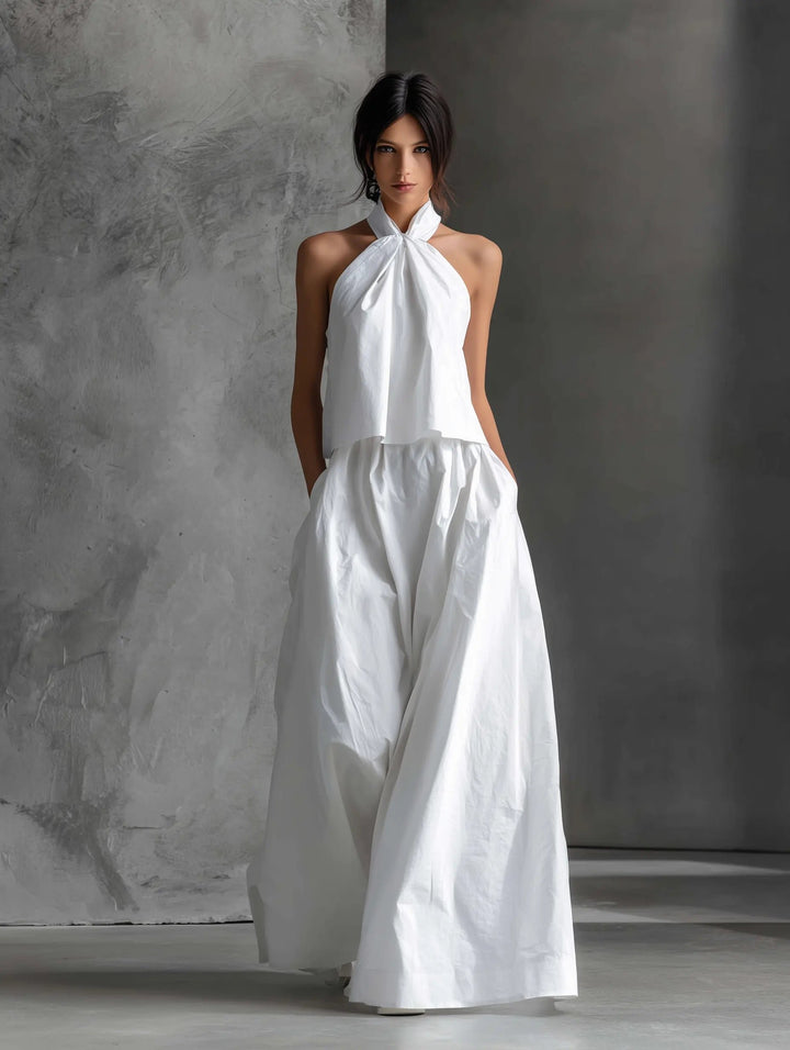 Dames Halter Linen Maxi Rok Set Mouwloos